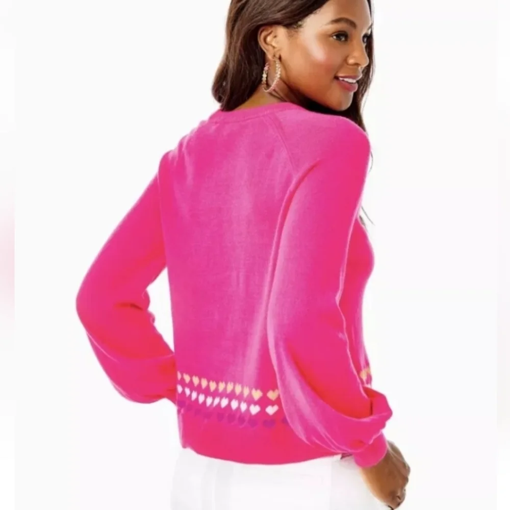 Lilly Pulitzer Alyona Sweater Pink Grenadine Heart Knit Crewneck Balloon Sleeve